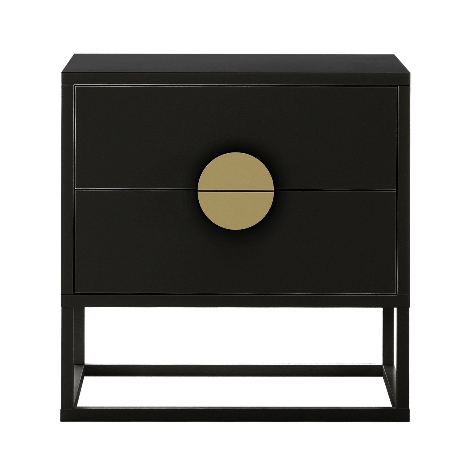 Abigail 55cm 2-Drawer Bedside Table - Black/Gold; features a matte black finish, two drawers, a large circular brass pull, and an open metal frame, blending modern style with luxurious accents.