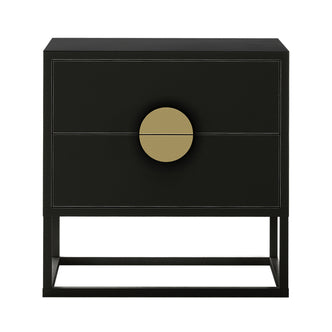 Abigail 55cm 2-Drawer Bedside Table - Black/Gold; features a matte black finish, two drawers, a large circular brass pull, and an open metal frame, blending modern style with luxurious accents.