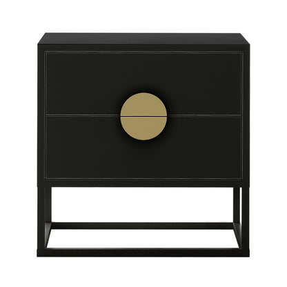 Abigail 55cm 2-Drawer Bedside Table - Black/Gold; features a matte black finish, two drawers, a large circular brass pull, and an open metal frame, blending modern style with luxurious accents.