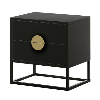 Abigail 55cm 2-Drawer Bedside Table - Black/Gold, featuring a matte black finish with two drawers and a distinctive gold arc handle, resting on a minimalist open metal frame base.