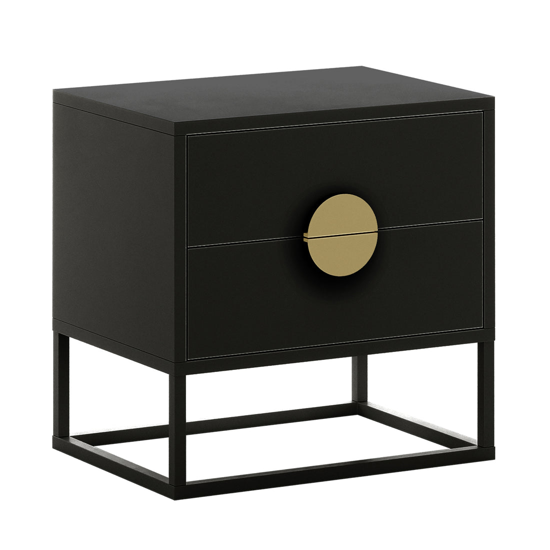 Abigail 55cm 2-Drawer Bedside Table - Black/Gold features a matte black finish with a large circular brass pull across both drawers, atop an open metal base, offering modern elegance and functionality.