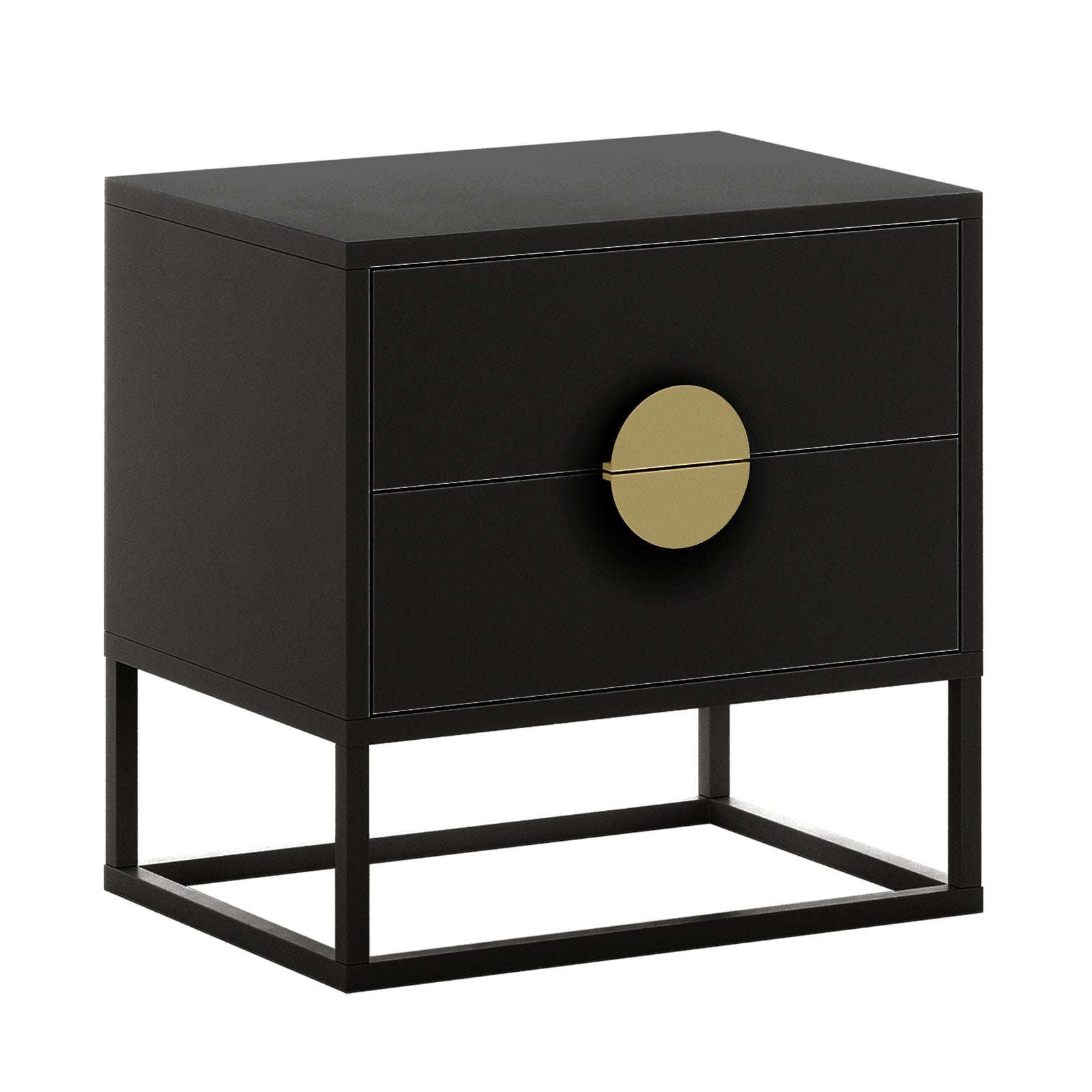 Abigail 55cm 2-Drawer Bedside Table - Black/Gold features a matte black finish with a large circular brass pull across both drawers, atop an open metal base, offering modern elegance and functionality.