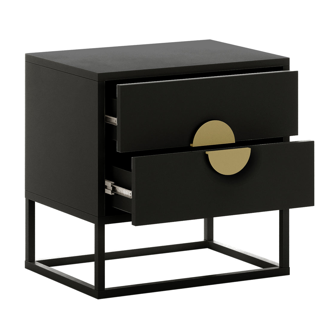 Abigail 55cm 2-Drawer Bedside Table - Black/Gold features a matte black finish, open metal frame, two drawers with semi-circular brass pulls, and visible slide hardware, exemplifying modern elegance.
