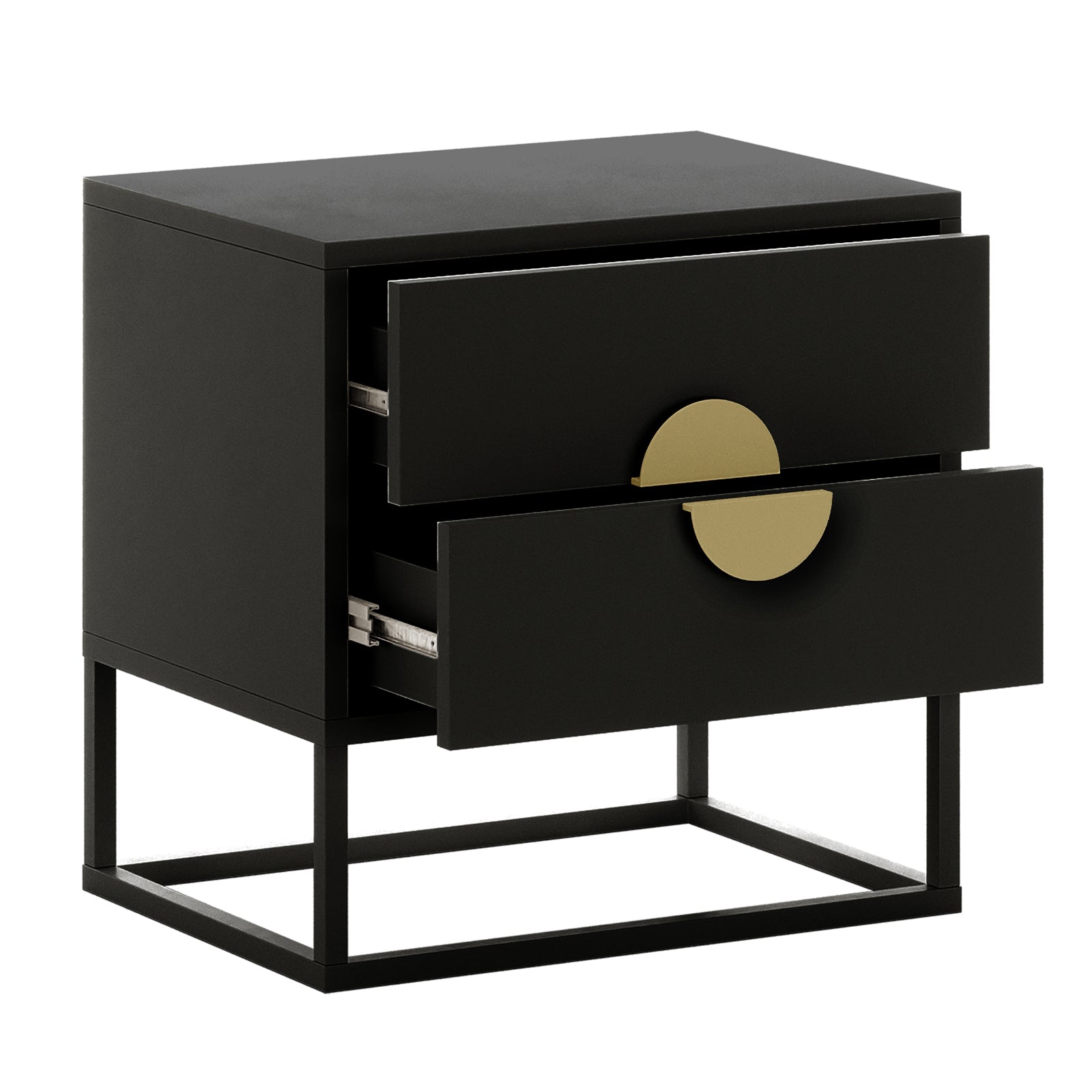 Abigail 55cm 2-Drawer Bedside Table - Black/Gold features a matte black finish, open metal frame, two drawers with semi-circular brass pulls, and visible slide hardware, exemplifying modern elegance.