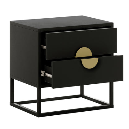 Abigail 55cm 2-Drawer Bedside Table - Black/Gold features a matte black finish, open metal frame, two drawers with semi-circular brass pulls, and visible slide hardware, exemplifying modern elegance.