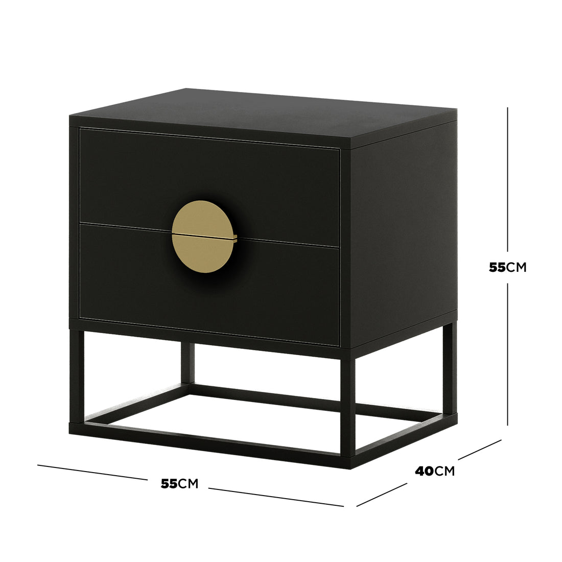 Abigail 55cm 2-Drawer Bedside Table in matte black with a gold handle, featuring a minimalist design on an open metal frame. Dimensions: 55 cm wide, 40 cm deep, 55 cm tall.