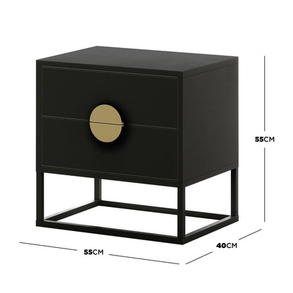 Abigail 55cm 2-Drawer Bedside Table in matte black with a gold handle, featuring a minimalist design on an open metal frame. Dimensions: 55 cm wide, 40 cm deep, 55 cm tall.
