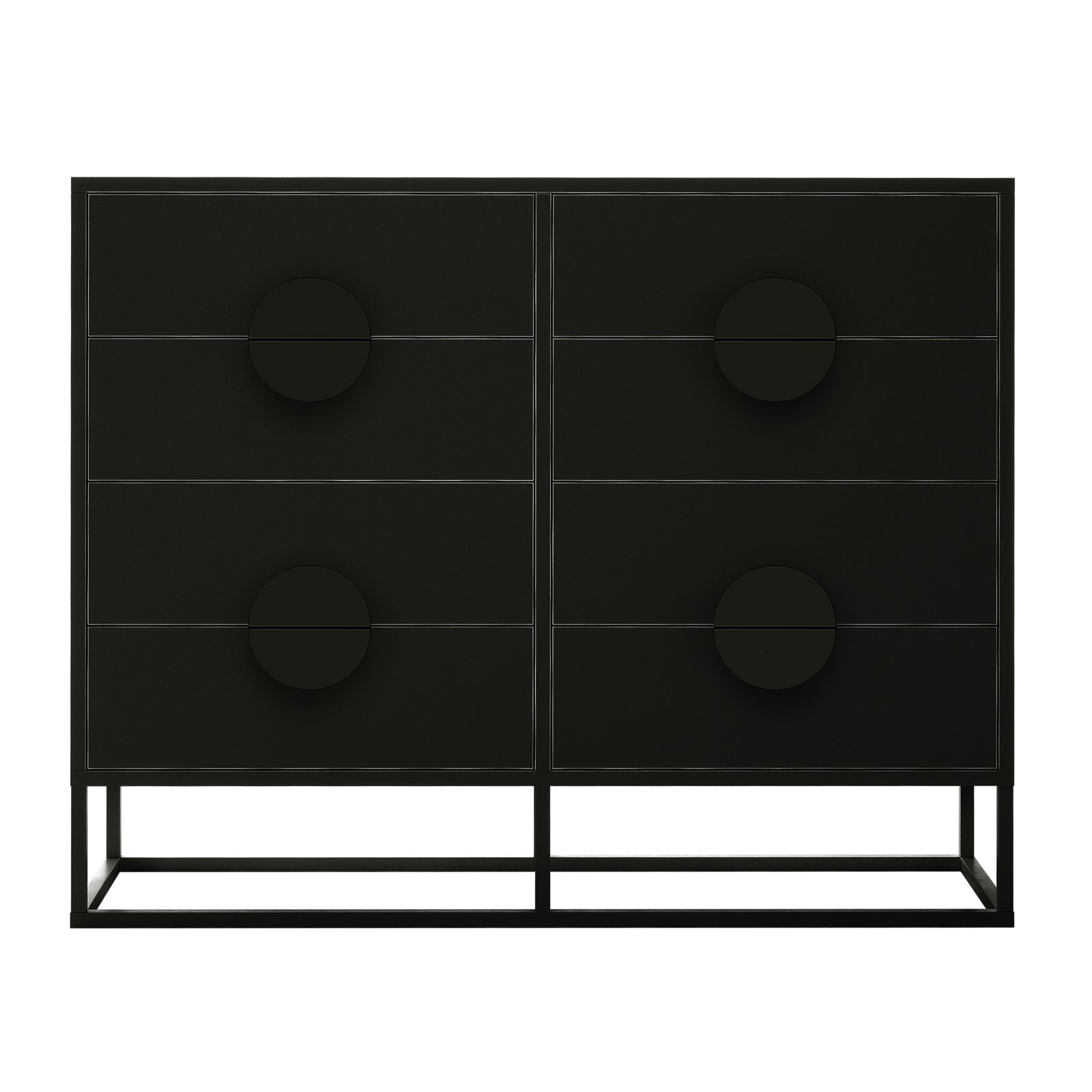 Abigail 120cm Lowboy Dresser with Drawers - Black, featuring a modern design with two columns of three drawers each, oversized round drawer pulls, and a minimal open metal base frame.