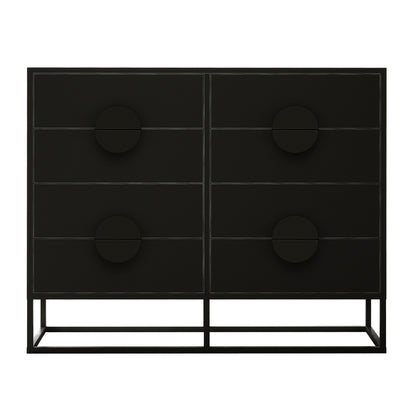 Abigail 120cm Lowboy Dresser with Drawers - Black, featuring a modern design with two columns of three drawers each, oversized round drawer pulls, and a minimal open metal base frame.