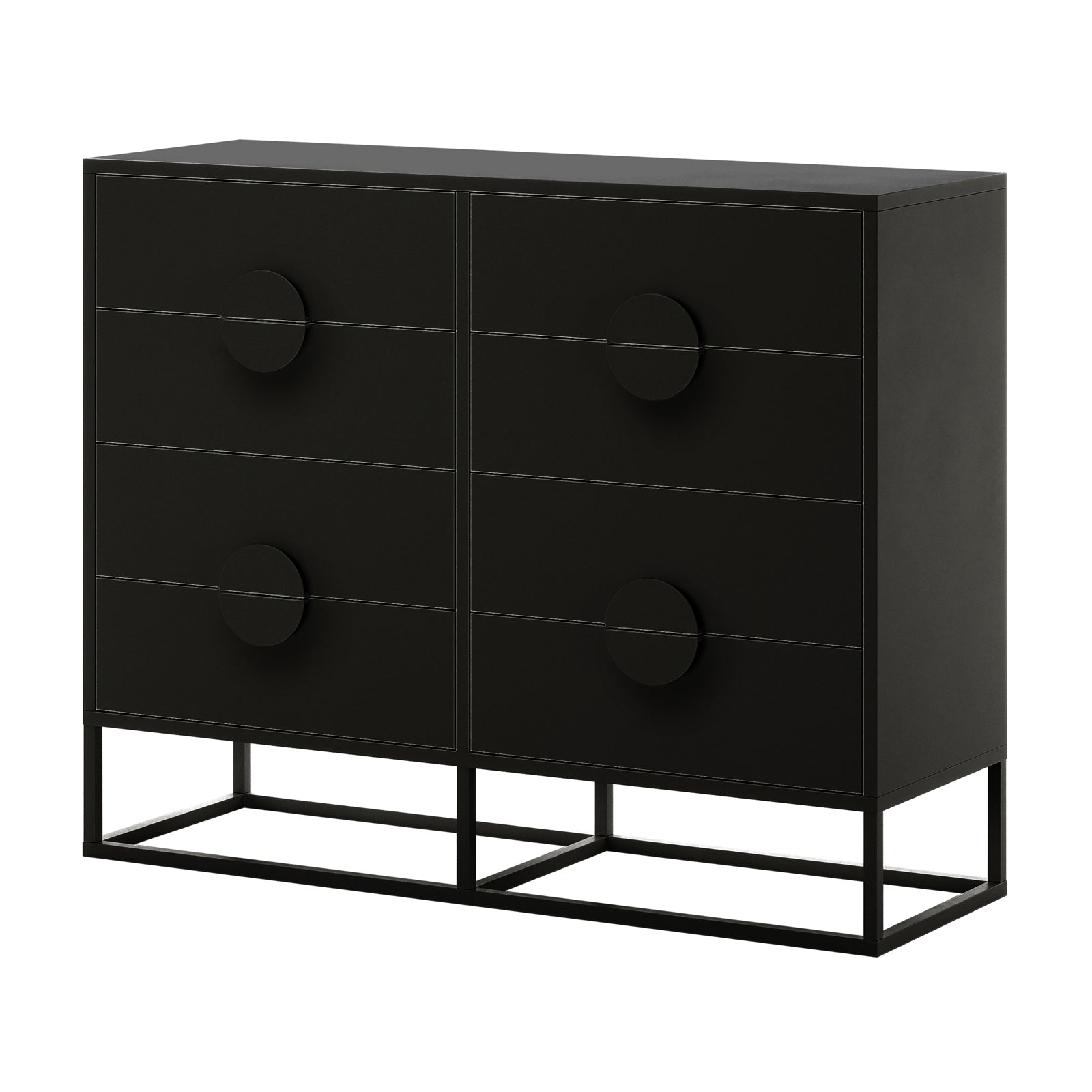 Abigail 120cm Lowboy Dresser with Drawers - Black, featuring a minimalist design with six drawers, large circular pulls, and an open-frame base for a sleek, floating appearance.