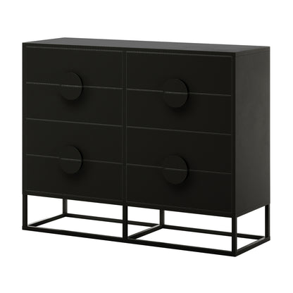 Abigail 120cm Lowboy Dresser with Drawers - Black, featuring a minimalist design with six drawers, large circular pulls, and an open-frame base for a sleek, floating appearance.