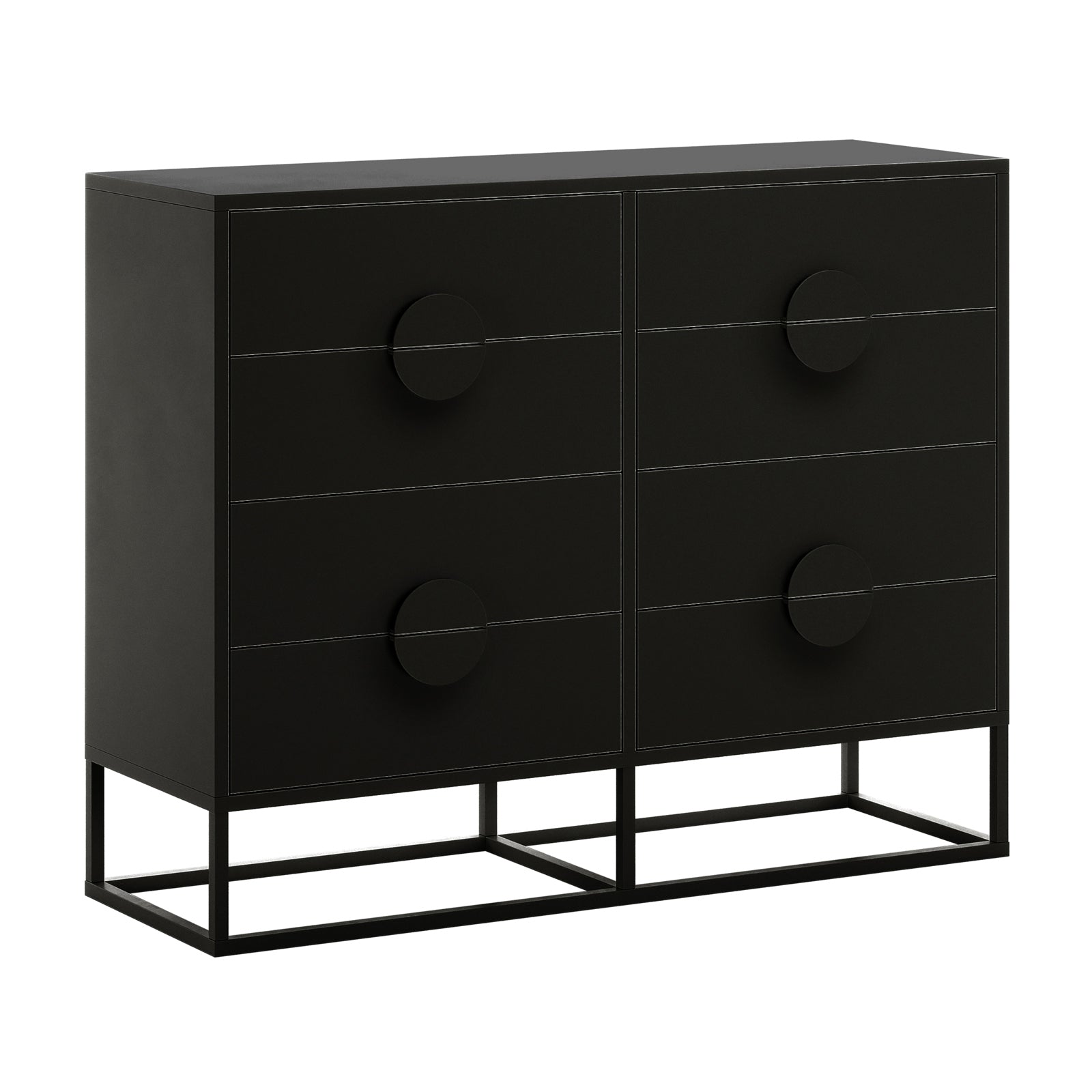 Abigail 120cm Lowboy Dresser with Drawers - Black featuring six drawers, oversized circular pulls, and a matte-black finish, elevated on a sleek metal frame base, showcasing modern elegance and functionality.