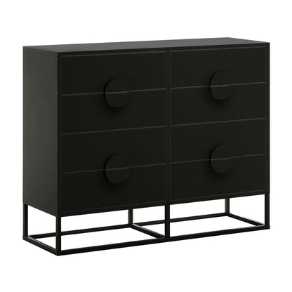 Abigail 120cm Lowboy Dresser with Drawers - Black featuring six drawers, oversized circular pulls, and a matte-black finish, elevated on a sleek metal frame base, showcasing modern elegance and functionality.