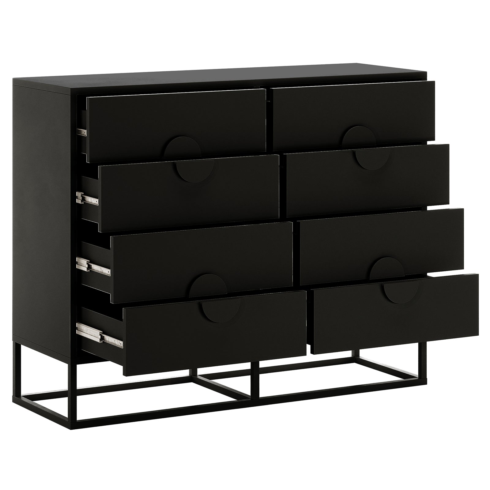 Abigail 120cm Lowboy Dresser with Drawers - Black features eight drawers, matte-black finish, elegant arc handles, and visible metal slide hardware, all set on a simple black metal base.