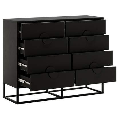Abigail 120cm Lowboy Dresser with Drawers - Black features eight drawers, matte-black finish, elegant arc handles, and visible metal slide hardware, all set on a simple black metal base.