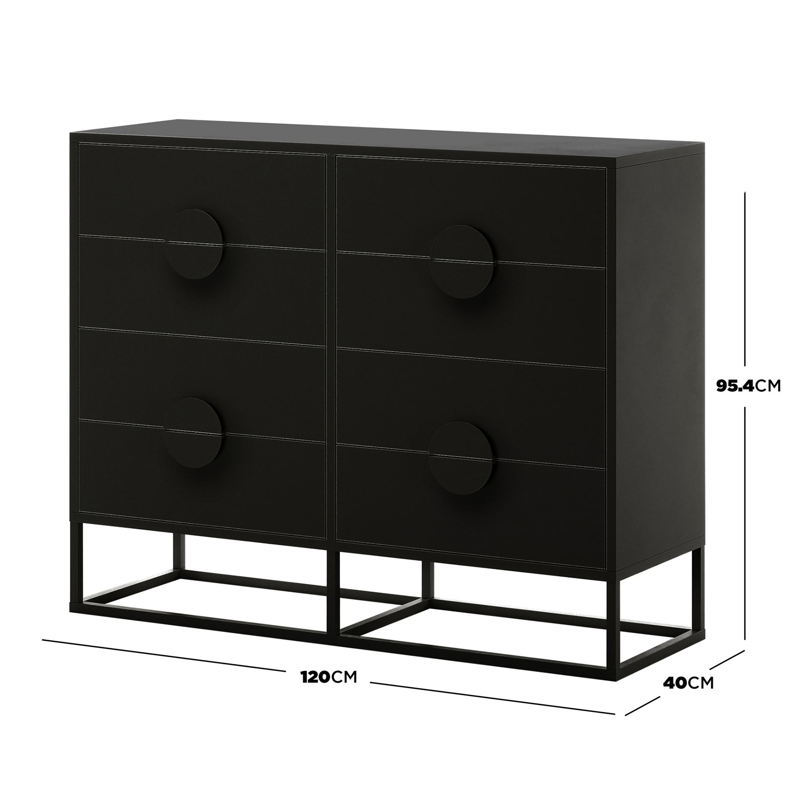Abigail 120cm Lowboy Dresser with Drawers - Black: Modern black six-drawer dresser with large circular pulls, set on a metal frame base, measuring 120cm wide, 40cm deep, and 95.4cm high.