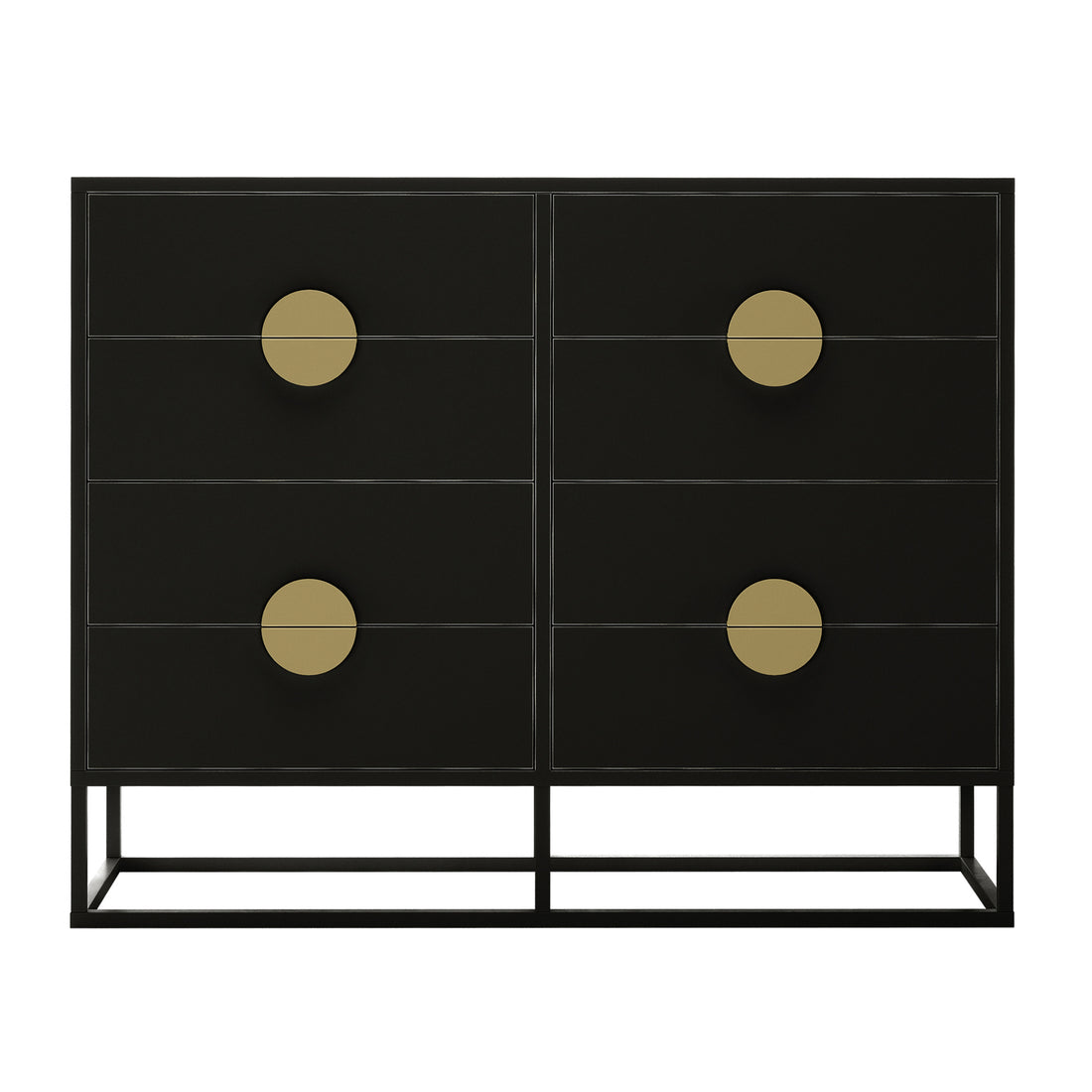 Abigail 120cm Lowboy Dresser with Gold Handle - Black features a sleek design with two columns of three drawers, each adorned with large, centered round brass pulls on a thin metal frame.