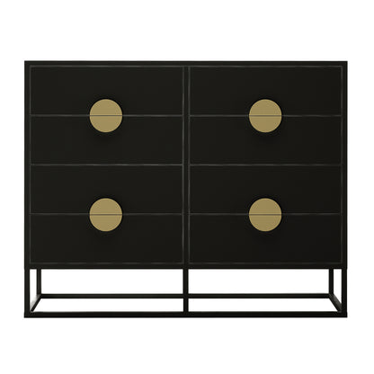 Abigail 120cm Lowboy Dresser with Gold Handle - Black features a sleek design with two columns of three drawers, each adorned with large, centered round brass pulls on a thin metal frame.