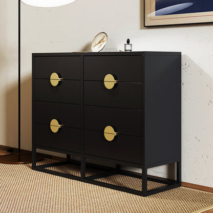 Abigail 120cm Lowboy Dresser with Gold Handle - Black: matte black cabinet with six drawers, brass-colored knobs, on a metal frame, surrounded by decorative objects, in a softly lit modern room.