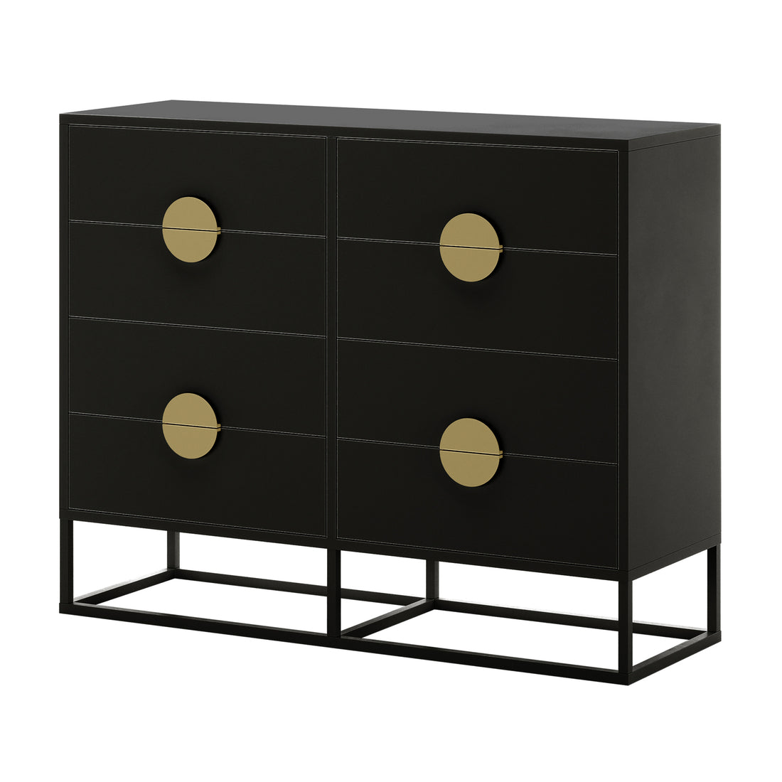 Abigail 120cm Lowboy Dresser with Gold Handle - Black features a matte black finish, six drawers with large brass-colored knobs, and a sleek open-frame metal base for a modern, floating look.