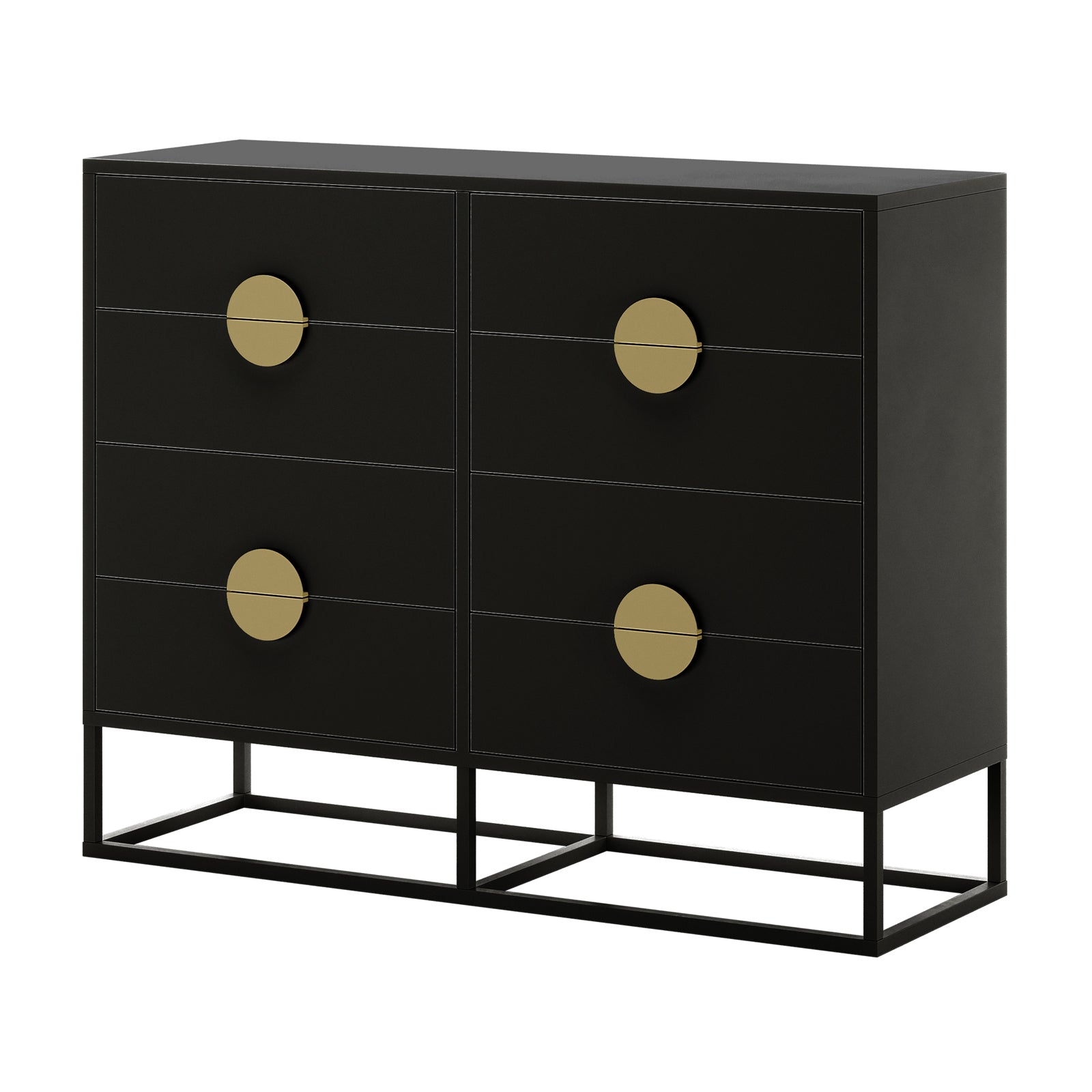 Abigail 120cm Lowboy Dresser with Gold Handle - Black features a matte black finish, six drawers with large brass-colored knobs, and a sleek open-frame metal base for a modern, floating look.