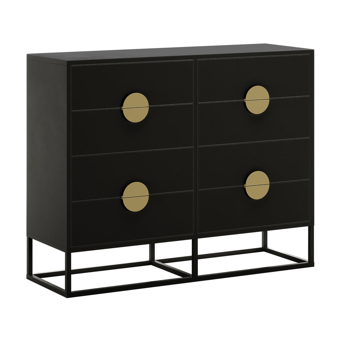 Abigail 120cm Lowboy Dresser with Gold Handle - Black; features six drawers with circular gold-tone pulls, matte black finish, raised on sleek metal legs for a modern, elegant look.