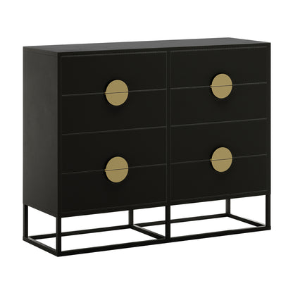 Abigail 120cm Lowboy Dresser with Gold Handle - Black; features six drawers with circular gold-tone pulls, matte black finish, raised on sleek metal legs for a modern, elegant look.