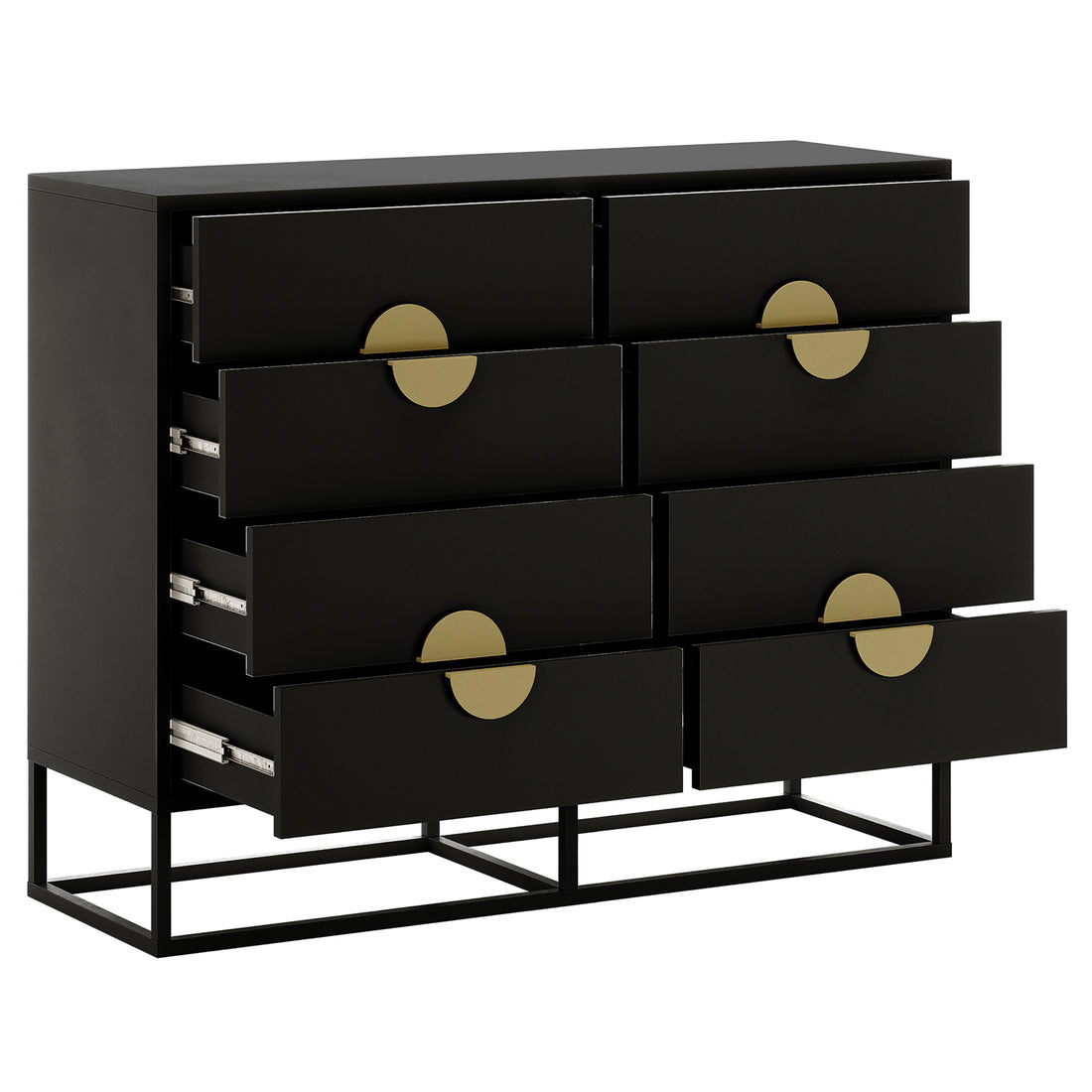 Abigail 120cm Lowboy Dresser with Gold Handle - Black features eight matte black drawers with brass-tone pulls, a sleek design on a metal base, and partially open drawers showing metal-sliding hardware.