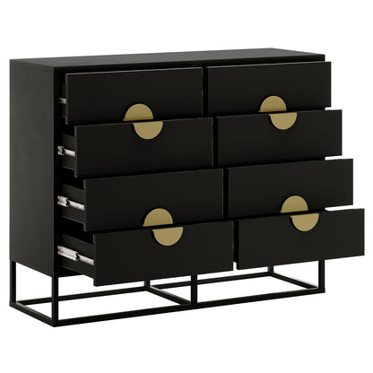 Abigail 120cm Lowboy Dresser with Gold Handle - Black features eight matte black drawers with brass-tone pulls, a sleek design on a metal base, and partially open drawers showing metal-sliding hardware.