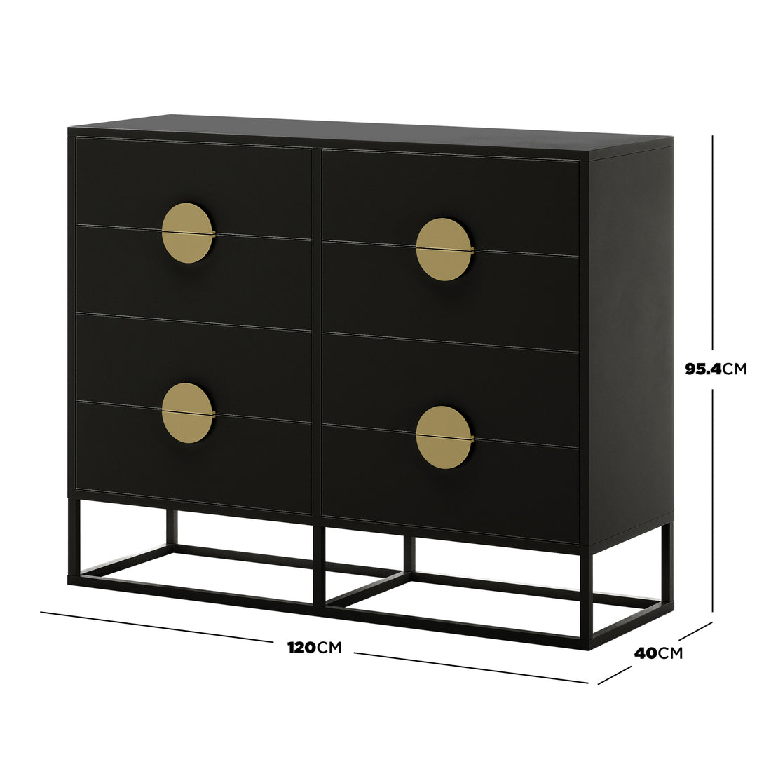 Abigail 120cm Lowboy Dresser with Gold Handle - Black, featuring six matte black drawers with circular gold knobs, on a sleek black metal frame base, measuring 120cm wide, 40cm deep, and 95.4cm tall.