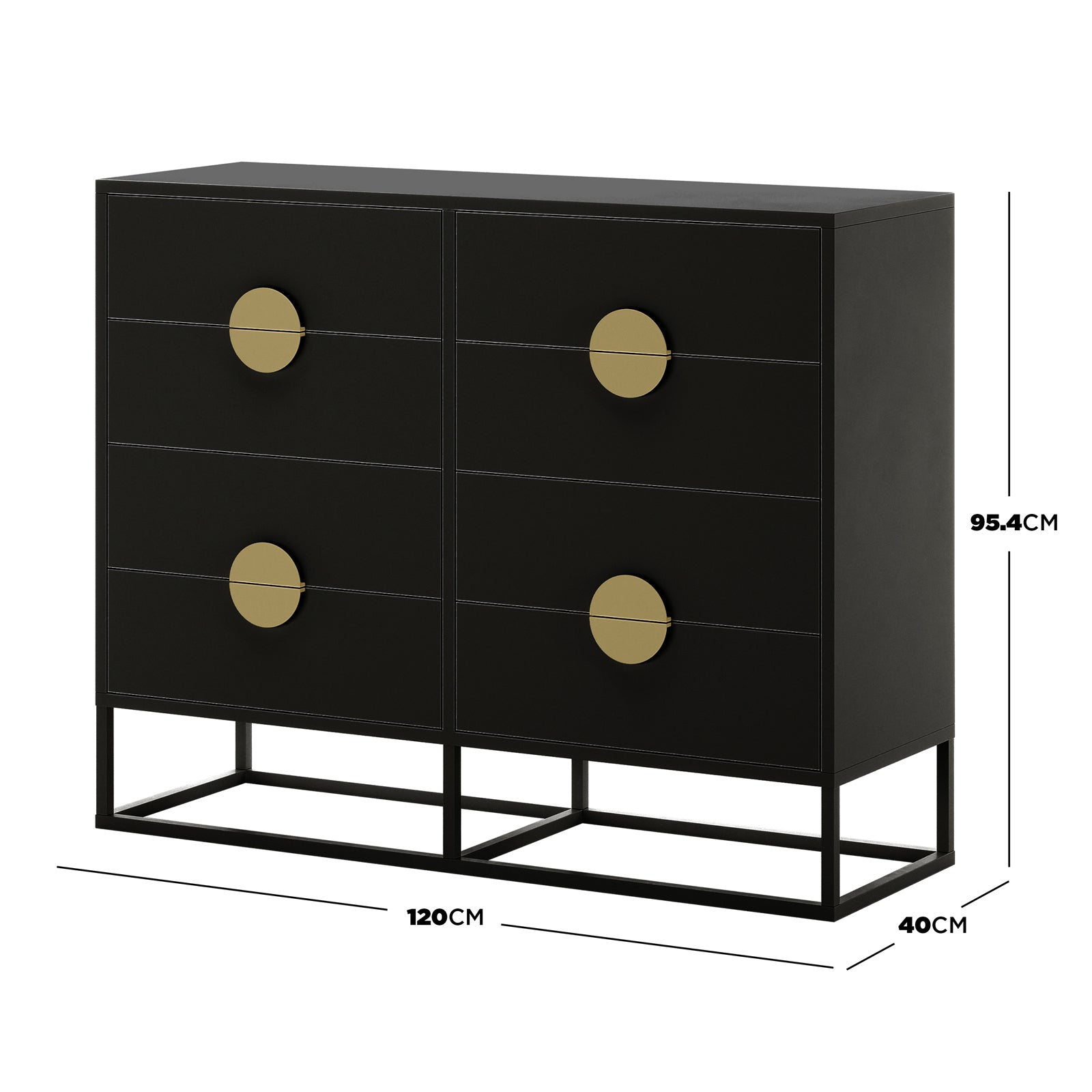 Abigail 120cm Lowboy Dresser with Gold Handle - Black, featuring six matte black drawers with circular gold knobs, on a sleek black metal frame base, measuring 120cm wide, 40cm deep, and 95.4cm tall.
