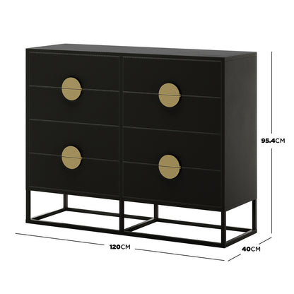 Abigail 120cm Lowboy Dresser with Gold Handle - Black, featuring six matte black drawers with circular gold knobs, on a sleek black metal frame base, measuring 120cm wide, 40cm deep, and 95.4cm tall.