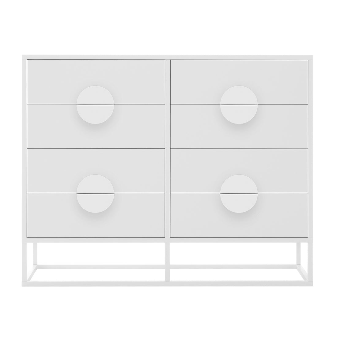 Abigail 120cm Lowboy Dresser with Drawers - White, featuring a minimalist design with six drawers, oversized circular half-moon handles, and a sleek metal base for elevated elegance.