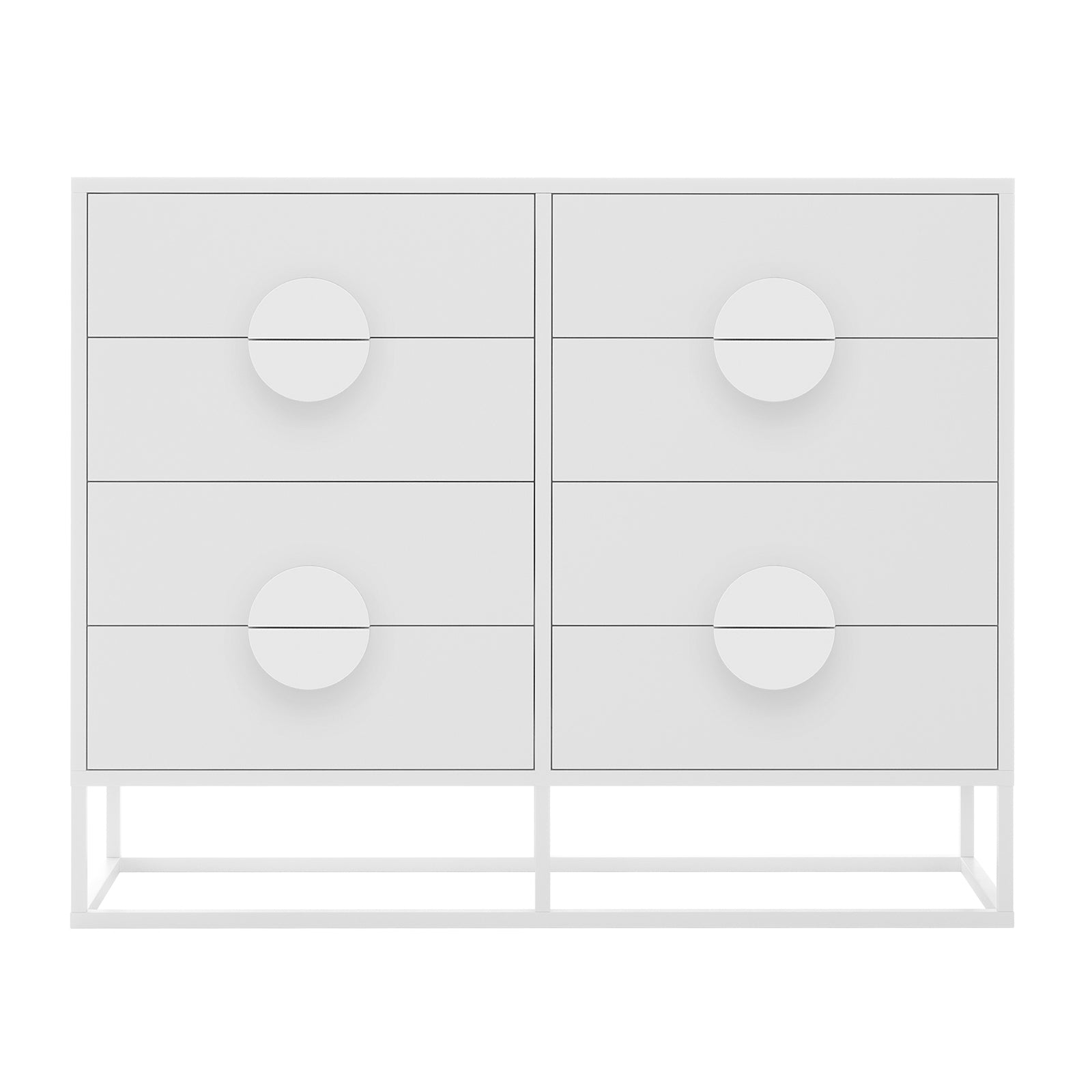 Abigail 120cm Lowboy Dresser with Drawers - White, featuring a minimalist design with six drawers, oversized circular half-moon handles, and a sleek metal base for elevated elegance.