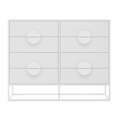 Abigail 120cm Lowboy Dresser with Drawers - White, featuring a minimalist design with six drawers, oversized circular half-moon handles, and a sleek metal base for elevated elegance.