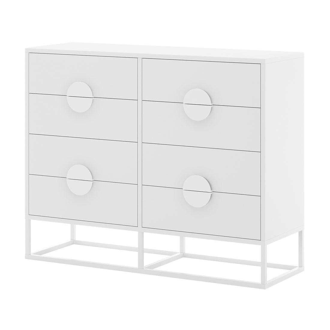 Abigail 120cm Lowboy Dresser with Drawers - White features six minimalist drawers in two columns, each with circular pulls, on a metal base, offering modern elegance and ample storage.