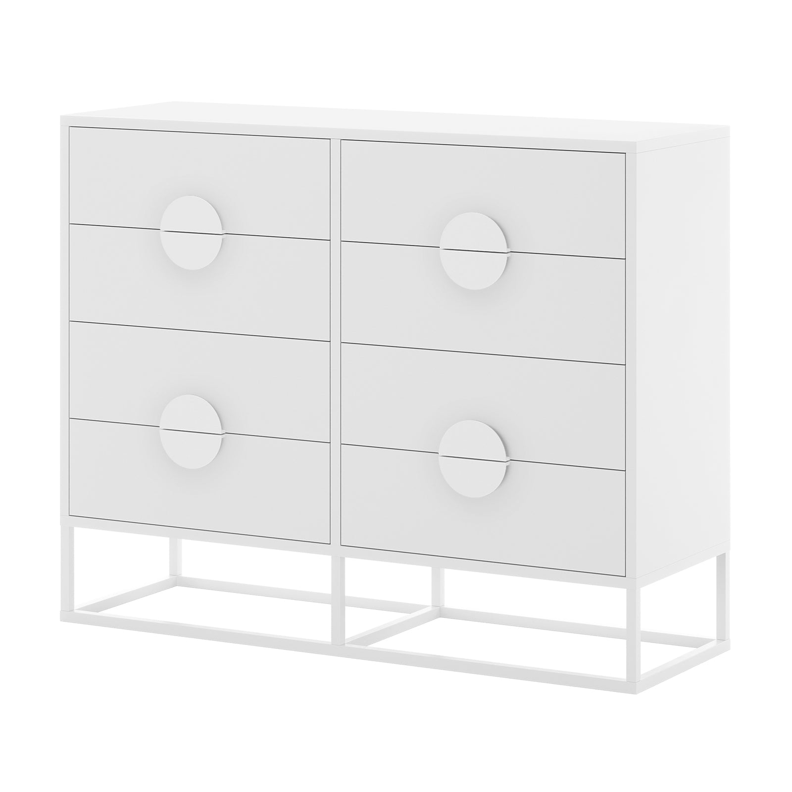 Abigail 120cm Lowboy Dresser with Drawers - White features six minimalist drawers in two columns, each with circular pulls, on a metal base, offering modern elegance and ample storage.