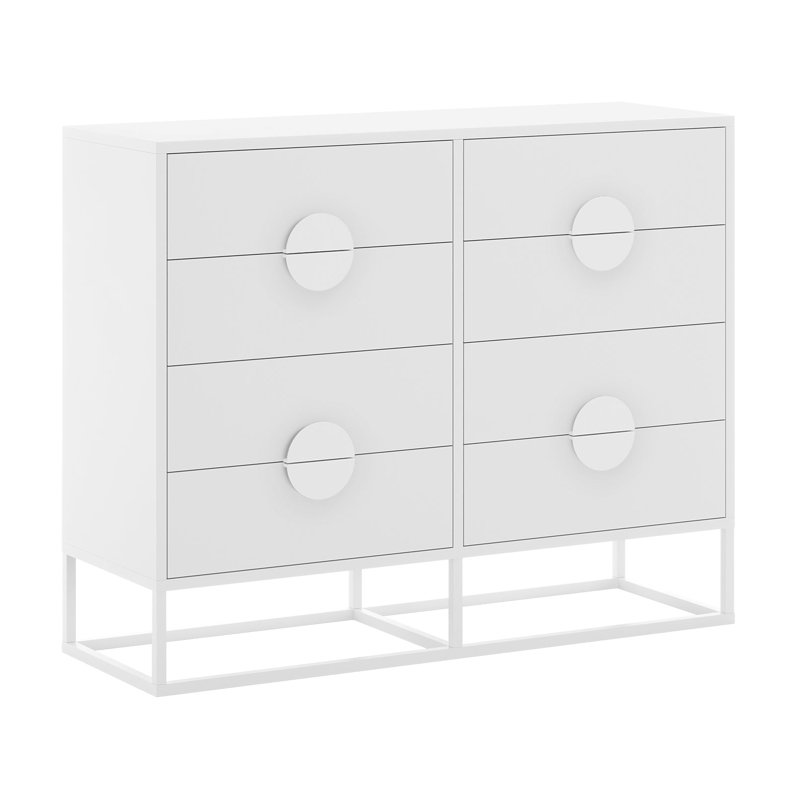 Abigail 120cm Lowboy Dresser with Drawers - White; features a minimalist design with six drawers, oversized circular pull-handles, and an elevated open-frame metal base, creating a modern floating appearance.