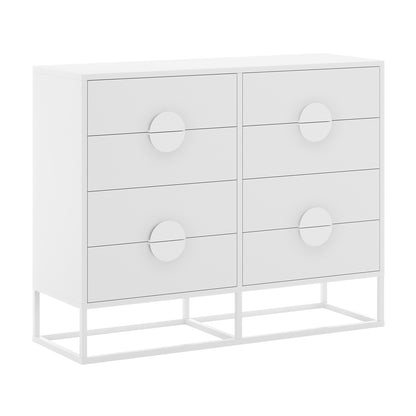 Abigail 120cm Lowboy Dresser with Drawers - White; features a minimalist design with six drawers, oversized circular pull-handles, and an elevated open-frame metal base, creating a modern floating appearance.