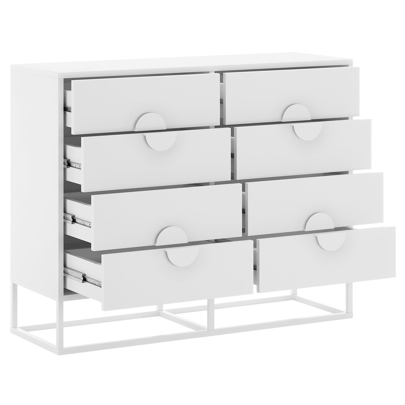 Abigail 120cm Lowboy Dresser with Drawers - White, featuring eight slightly open drawers with semicircular cut-out pulls, a sleek white metal frame, and a minimalist design for modern bedroom storage.