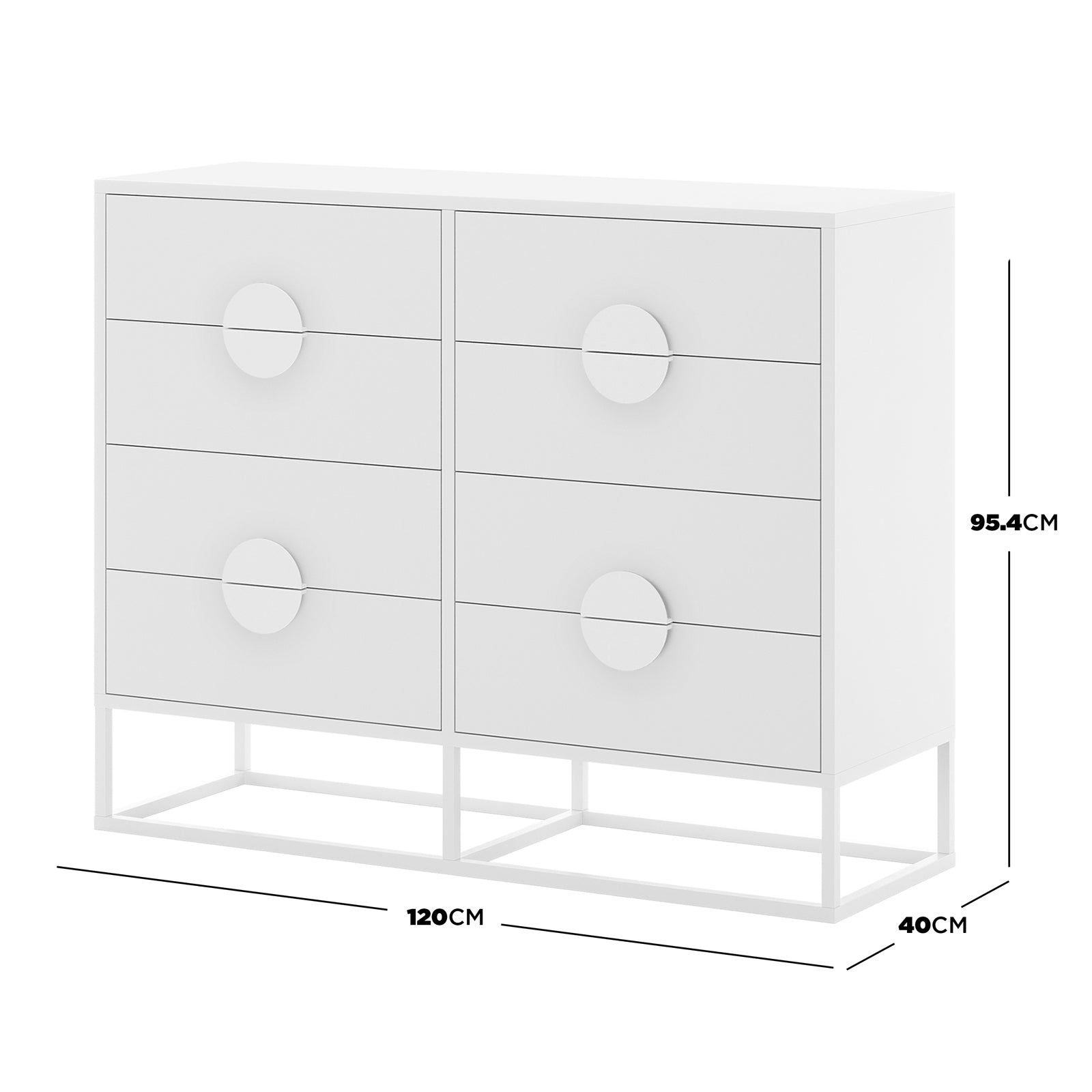 Abigail 120cm Lowboy Dresser with Drawers - White, features a modern design with six white drawers, round disc-style pulls, and a slim open metal base, offering elegant storage and functionality.