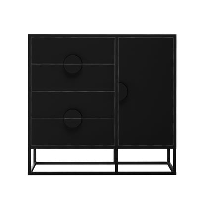 Abigail 100cm Sideboard Buffet Table - Black, featuring a minimalist design with three drawers and a cabinet, each with large circular handles, elevated on a sleek metal frame for a modern look.
