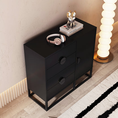 Abigail 100cm Sideboard Buffet Table - Black features a matte-black finish with three left drawers and a right cabinet. Topped with headphones, books, and an art toy, it complements a modern decor.