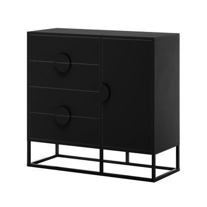 Abigail 100cm Sideboard Buffet Table - Black features a sleek, minimalist design with three drawers and a cupboard, mounted on a thin metal base, perfect for contemporary spaces.