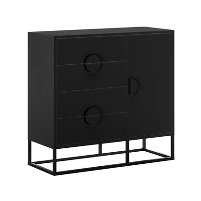 Abigail 100cm Sideboard Buffet Table - Black, featuring a sleek matte-black finish, three drawers with circular recessed pulls, and one door with a matching handle on a raised metal base.
