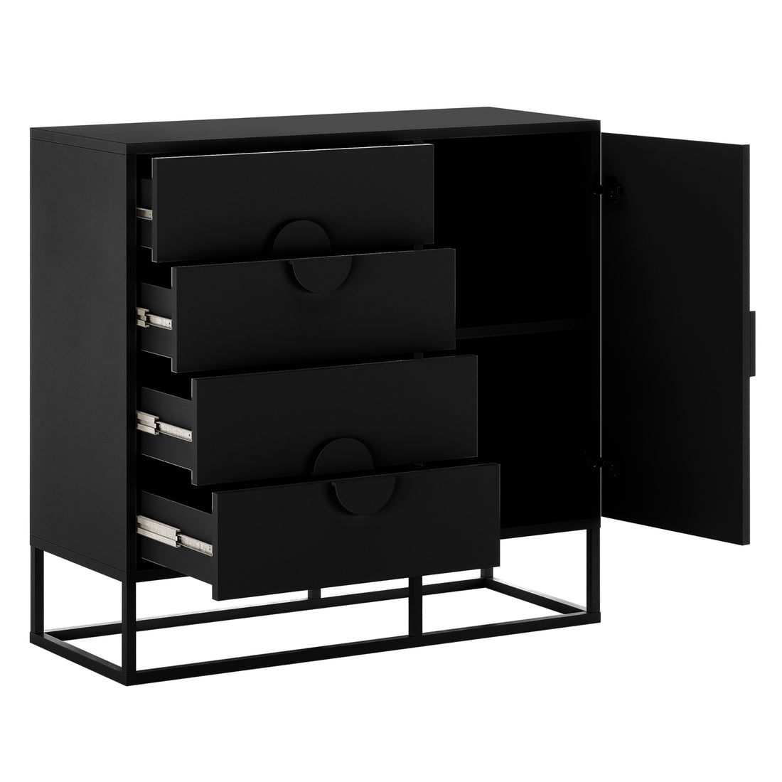 Abigail 100cm Sideboard Buffet Table - Black, featuring matte-black finish, four pull-out drawers, and an open cupboard door showing shelving, all elevated on a slim metal frame for a minimalist look.