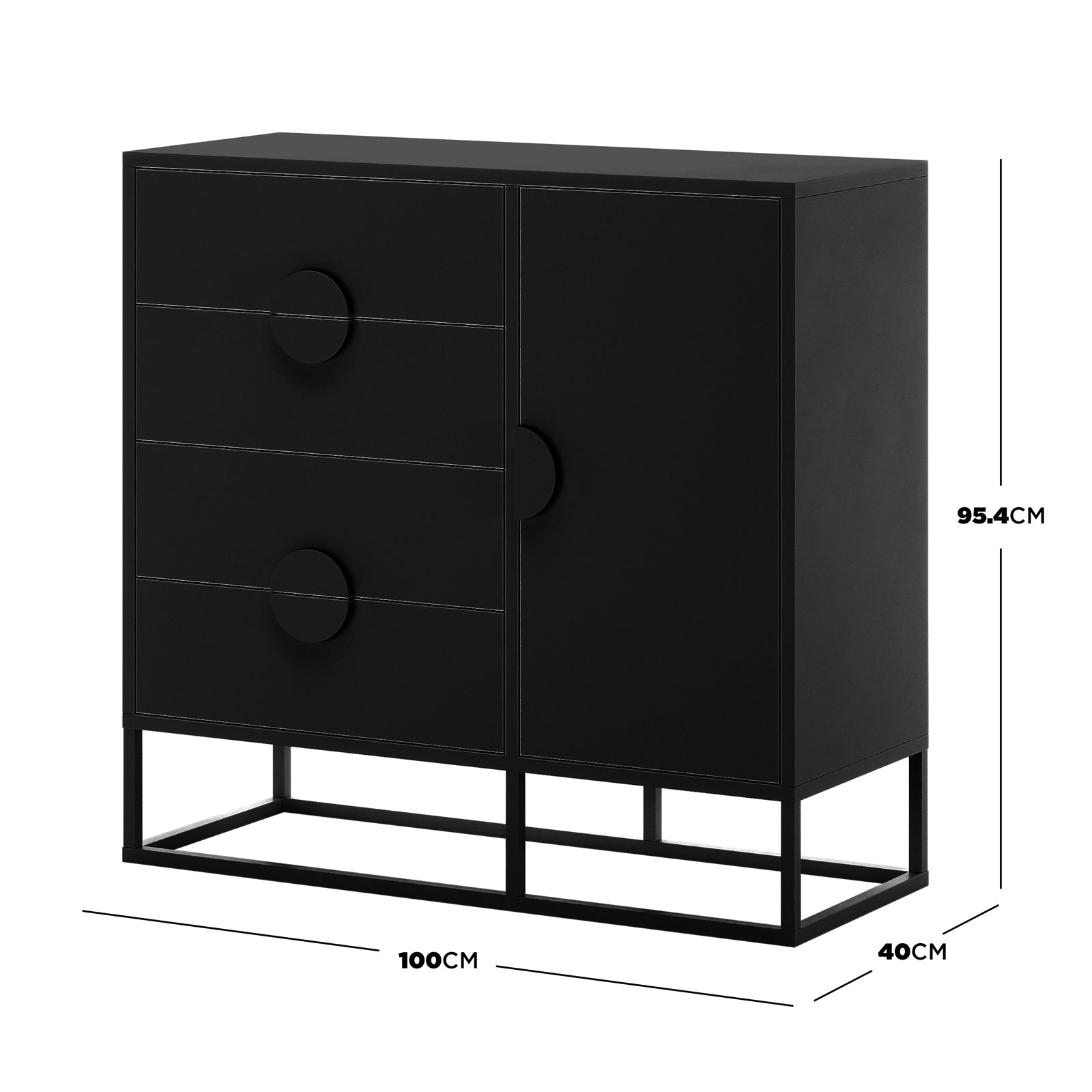 Abigail 100cm Sideboard Buffet Table - Black features a modern design with three drawers and a single-door cupboard, all with recessed dot handles, on a minimalistic metal base.