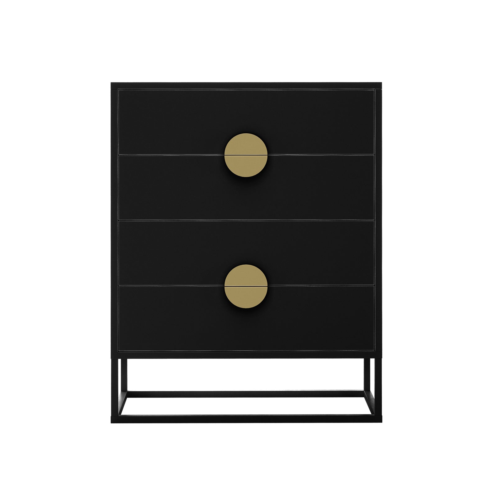 Abigail 76cm Tallboy Dresser with Storage - Black, featuring a sleek matte black finish, four slim drawers with horizontal reveal lines, and two large circular gold-tone knobs on a rectangular metal base.