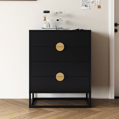 Abigail 76cm Tallboy Dresser with Storage - Black, featuring sleek black drawers with circular gold-tone pulls, set on a slim metal frame, adorned with assorted items on top.