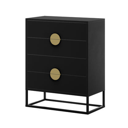 Abigail 76cm Tallboy Dresser showcases a matte black finish with two wide drawers, each featuring a brass-colored pull. It rests on a slim black metal base for a floating, contemporary look.